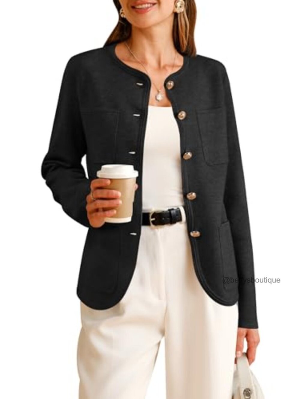 Wool Blend Collarless Sweater Blazer Business Casual Cardigan